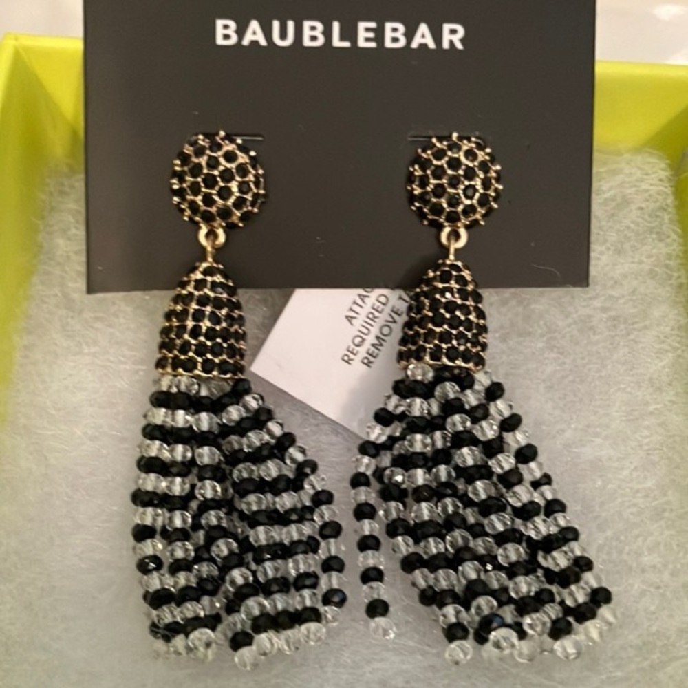 BaubleBar Black and Clear Beaded Tassel Gold Earrings Statement Drop Fringe
